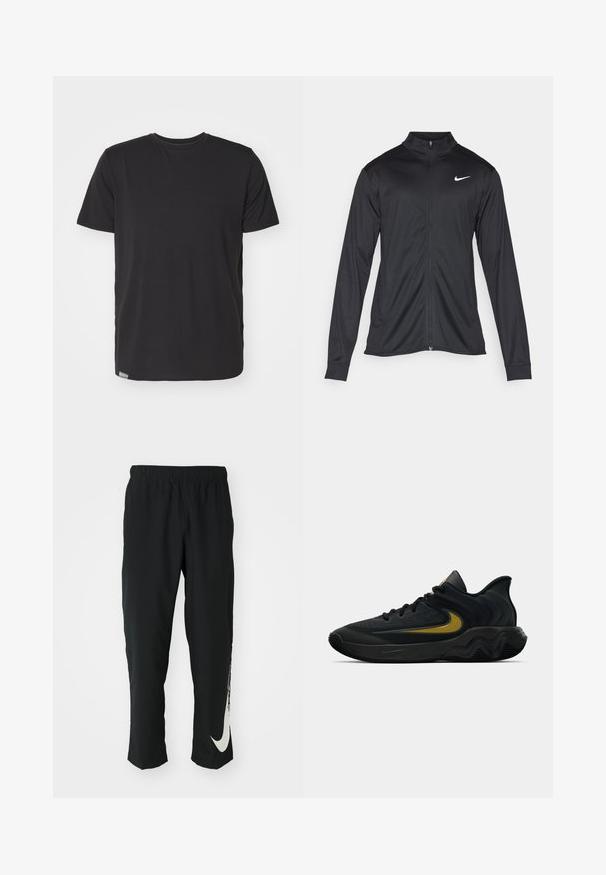 Jacket desportivo preto com mangas longas, colarinho e fecho zip completo. Apresenta um discreto logotipo da Nike em branco na parte superior do lado esquerdo do peito. Textura suave.; T-shirt preta de mangas curtas em material de algodão suave, apresentando um decote redondo e um pequeno rótulo na costura inferior esquerda.; Calças atléticas pretas com cintura elástica, design afunilado, apresentando um grande logótipo branco da Nike na perna esquerda. Tecido macio e leve.; Tênis atlético preto e cinza escuro com cadarços pretos e logotipo swoosh dourado, apresentando um design de sola ondulada e colarinho acolchoado no calcanhar.