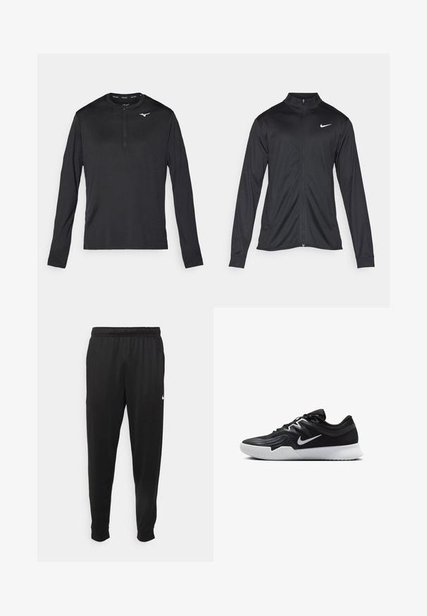 Musta urheilutakki pitkillä hihoilla, kauluksella ja kokonaisella vetoketjulla. Täydentää hienovarainen Nike-logo valkoisena vasemmassa ylärinnassa. Litteä pinta.; Pitkähihainen urheilupaita mustana, jossa on puolivetoketju kauluksessa ja pieni valkoinen logo rinnassa. Valmistettu sileästä, kevyestä kankaasta.; Mustat urheiluhousut, jotka on valmistettu sileästä kankaasta. Niissä on joustava vyötärö, kapenevat lahkeet ja pieni valkoinen logo vasemmalla puolella.; Musta urheilukenkä, jossa on teksturoitu päällinen, valkoinen Nike-tikkaus ja valkoinen kumipohja. Kenkässä on nauhakuji ja dynaaminen muoto.