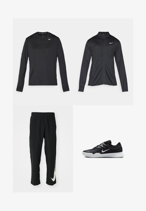 Black athletic jacket with long sleeves, collar, and full zipper. Features a subtle Nike logo in white on the upper left chest. Smooth texture.; Long-sleeve athletic shirt in black, featuring a half-zip neckline and a small white logo on the chest. Made of smooth, lightweight fabric.; Black athletic pants with elastic waistband, tapering design, featuring a large white Nike logo on the left leg. Soft, lightweight fabric.; Black athletic shoe with a textured upper, white Nike swoosh, and a white rubber outsole. Features a lace-up design and dynamic shape.