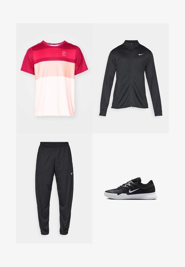 Czarna sportowa kurtka z długimi rękawami, kołnierzem i pełnym zamkiem. Posiada subtelne logo Nike w białym kolorze na lewej górnej części klatki piersiowej. Gładka tekstura.; Koszulka sportowa z krótkim rękawem w różnych odcieniach różu, z poziomymi paskami i małym logo na klatce piersiowej. Miękki, oddychający materiał.; Czarne spodenki sportowe z elastycznym paskiem w talii, zwężanymi nogawkami i małym, białym logo Nike na lewej udzie. Gładki materiał, bez wzorów.; Czarne buty sportowe z teksturowaną cholewką, białym logo Nike i białą gumową podeszwą. Charakteryzują się sznurowanym zapięciem i dynamicznym kształtem.