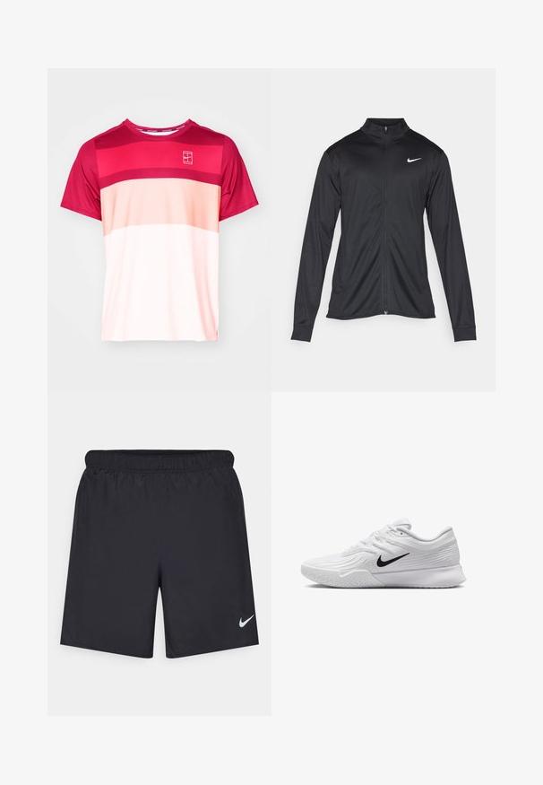 Jacket desportivo preto com mangas longas, colarinho e fecho zip completo. Apresenta um discreto logotipo da Nike em branco na parte superior do lado esquerdo do peito. Textura suave.; Camiseta atlética de manga curta em várias tonalidades de rosa, com riscas horizontais e um pequeno logótipo no peito. Tecido suave e respirável.; Calças de desporto pretas feitas de material leve com uma cintura elástica. Apresenta um pequeno logótipo branco da Nike no canto inferior esquerdo.; Sapatilha atlética branca com parte superior em malha texturizada, swoosh preto da Nike, colarinho almofadado e sola de borracha com um padrão de ranhura.