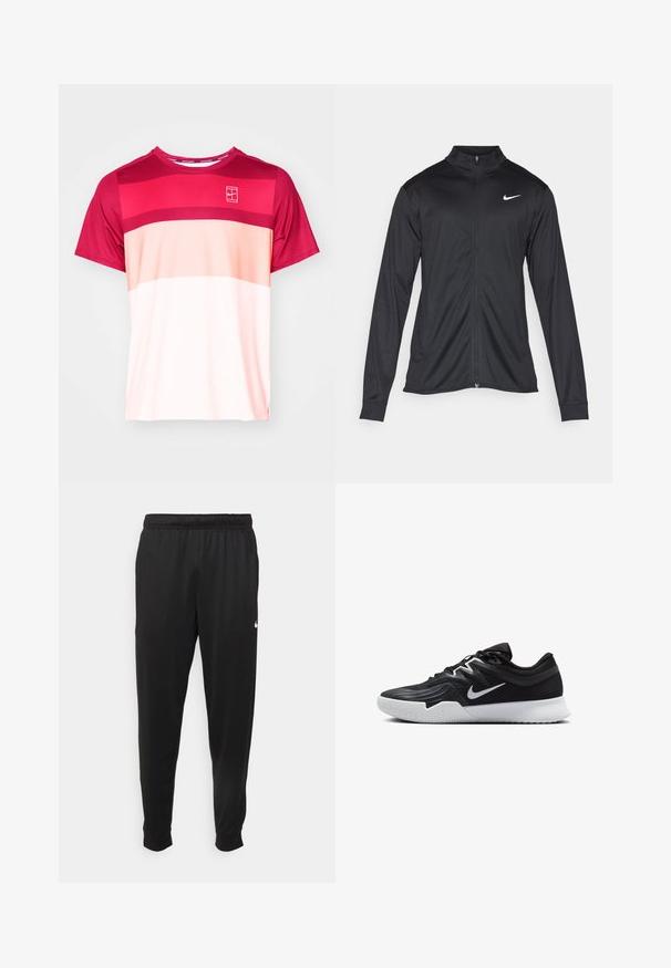Svart idrottsjacka med långa ärmar, krage och full dragkedja. Har en diskret Nike-logga i vitt på övre vänstra bröstet. Slät yta.; Kortärmad atletisk t-shirt i olika nyanser av rosa, med horisontella ränder och en liten logotyp på bröstet. Mjuk, andningsbar tyg.; Svarta träningsbyxor i slät tyg, med elastisk midja, avsmalnande ben och en liten vit logotyp på vänster sida.; Svarta träningsskor med en texturerad ovandel, vit Nike-logga och en vit gummisula. Har snörningsdesign och en dynamisk form.