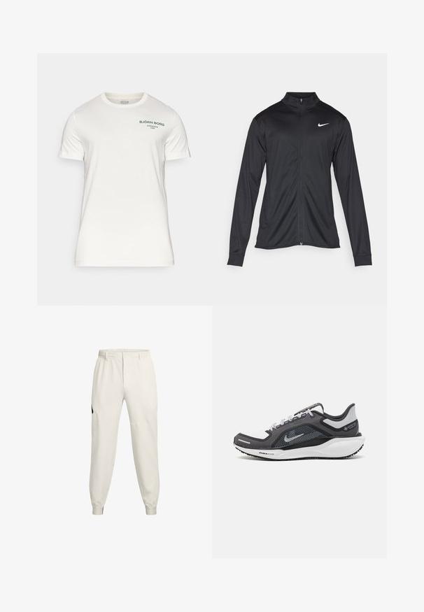 Giacca sportiva nera con maniche lunghe, colletto e zip completa. Presenta un logo Nike in bianco sulla parte superiore del lato sinistro del petto. Tessuto morbido.; Björn Borg ESSENTIAL - T-shirt basic - cloud dancer; Pantaloni jogger beige chiaro con vita elastica, tasche laterali e polsini a costine; presentano un accento del logo nero sull'anca sinistra.; Scarpa da ginnastica nera e grigia con tomaia in rete, dettagli riflettenti e intersuola bianca. Presenta una suola in gomma testurizzata e lacci.
