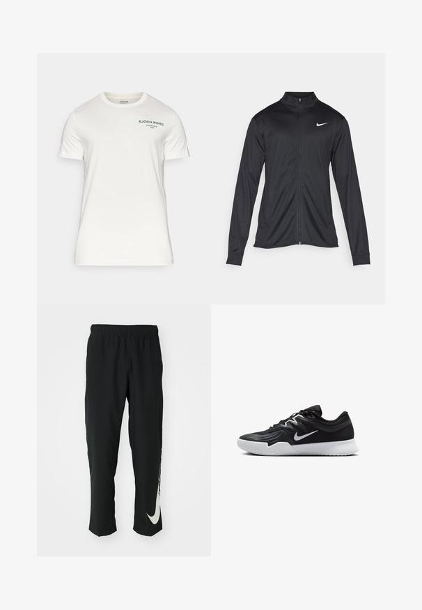 Melna sporta jaka ar garām piedurknēm, apkakli un pilnu rāvējslēdzēju. Uz kreisā krūts augšdaļas ir maigs Nike logo baltā krāsā. Gluda tekstūra.; Björn Borg ESSENTIAL - Pamata T-krekls - cloud dancer; Melni sporta bikses ar elastīgu jostasvīru, ar sašaurinātu dizainu, kurām uz kreisā kājas gabala ir liels balts Nike logo. Mīksts, viegls audums.; Melni sporta apavi ar teksturētu virsu, balto Nike zulumu un balto gumijas zoli. Iezīmējas ar auklu pievilkšanas dizainu un dinamisku formu.