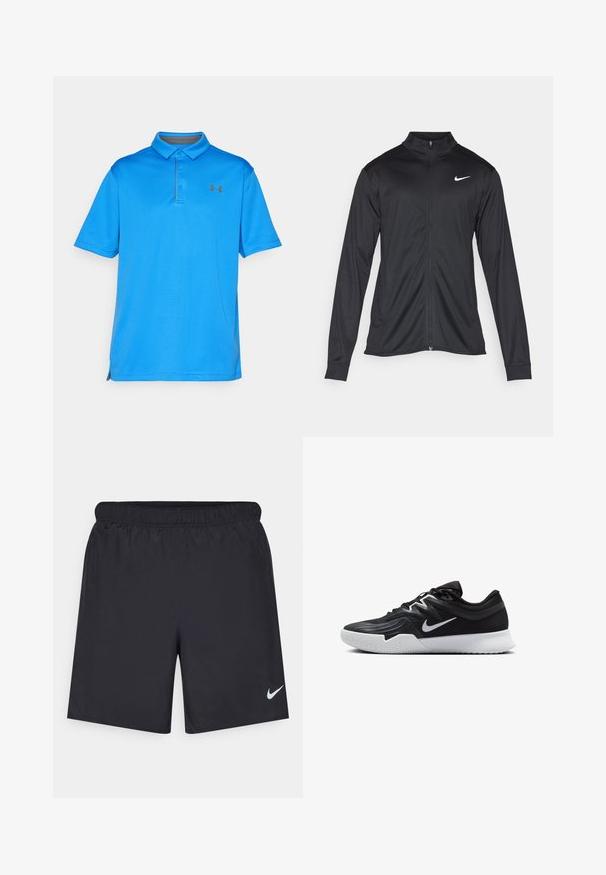 Černá sportovní bunda s dlouhými rukávy, límcem a plným zipem. Má decentní bílou logo značky Nike na horní levé části hrudi. Hladká textura.; Modrá polo tričko vyrobené z texturované látky, s límečkem, krátkými rukávy a diskrétním logem na hrudi. Boční rozparky pro snadný pohyb.; Černé sportovní šortky vyrobené z lehkého materiálu s elastickým pasem. Na spodní levé straně mají malé bílé logo Nike.; Černá atletická bota s texturovaným svrškem, bílým logem Nike a bílou gumovou podrážkou. Disponuje šněrovacím designem a dynamickým tvarem.