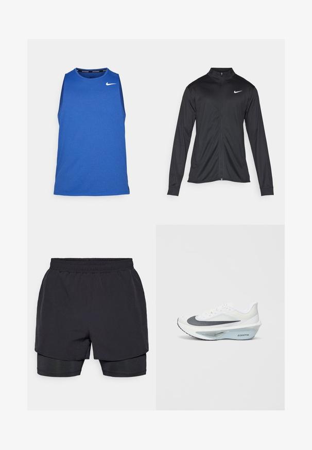 Fekete sportdzseki hosszú ujjal, gallérral és teljes cipzárral. Diszkrét fehér Nike logóval az upper bal mellen. Sima textúra.; Nike Performance MILER TANK - Felső - game royal/midnight navy/reflective silver; Fekete sportos rövidnadrág, elasztikus derékpánttal, réteges kialakítással és illeszkedő belső béléssel. Simas textúra, a kényelem érdekében tervezve.; Fehér sportcipő szürke hálós felsőrésszel, kék ZoomX hab középtalppal és ívelt talppal a fokozott propulzió és kényelem érdekében.
