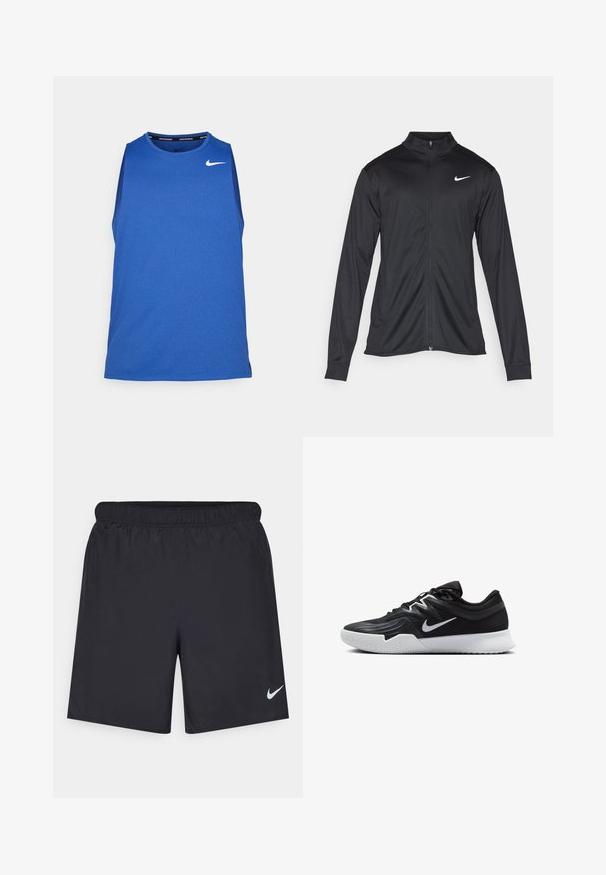 Jachetă sportivă neagră cu mâneci lungi, guler și fermoar complet. Prezintă un logo Nike subtil, alb, pe pieptul din stânga sus. Textură netedă.; Nike Performance MILER TANK - Top - game royal/midnight navy/reflective silver; Pantaloni scurți atletici negri, fabricați dintr-un material ușor, cu un talie elastică. Au un mic logo alb Nike în partea stângă jos.; Pantof sport negru cu un superior texturat, swoosh alb Nike și o tălpică din cauciuc alb. Dispune de un design cu șireturi și o formă dinamică.
