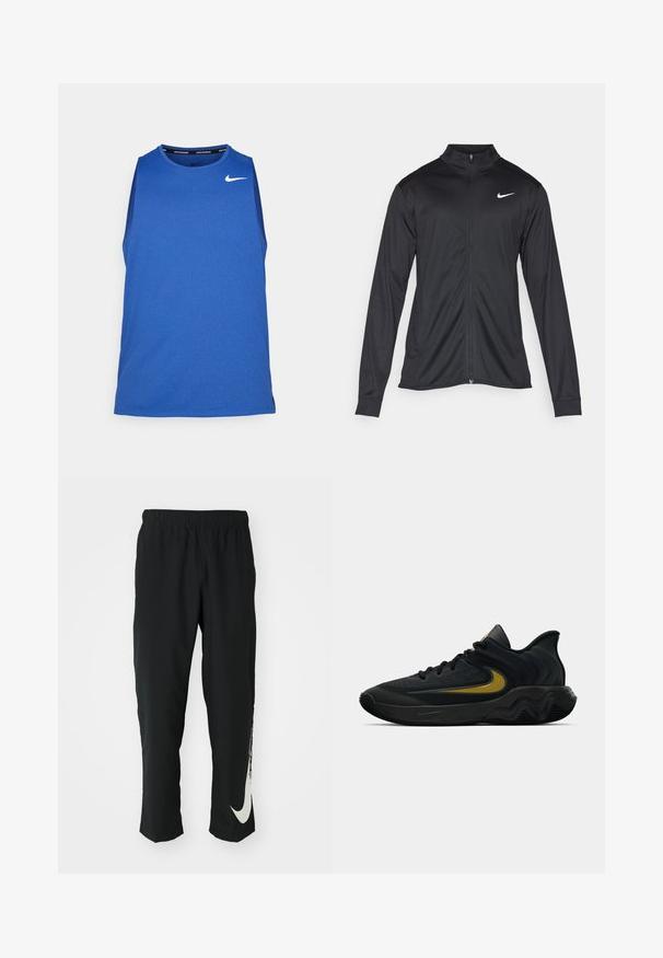 Juodas sportinis švarkas su ilgomis rankovėmis, apykakle ir pilnu užtrauktuku. Yra subtilus baltas Nike logotipas kairėje krūtinės pusėje. Lygus tekstūra.; Nike Performance MILER TANK - Viršus - game royal/midnight navy/reflective silver; Juodos sportinės kelnės su elastingu juosmeniu, siaurėjančiu dizainu ir dideliu baltu Nike logotipu ant kairiojo kojos. Minkšta, lengva medžiaga.; Juodos ir tamsiai pilkos sportinės bateliai su juodais raišteliais ir auksiniu šypsenėlių logotipu, turintys bangos formos pado dizainą ir paminkštintą kulkšnies apykaklę.