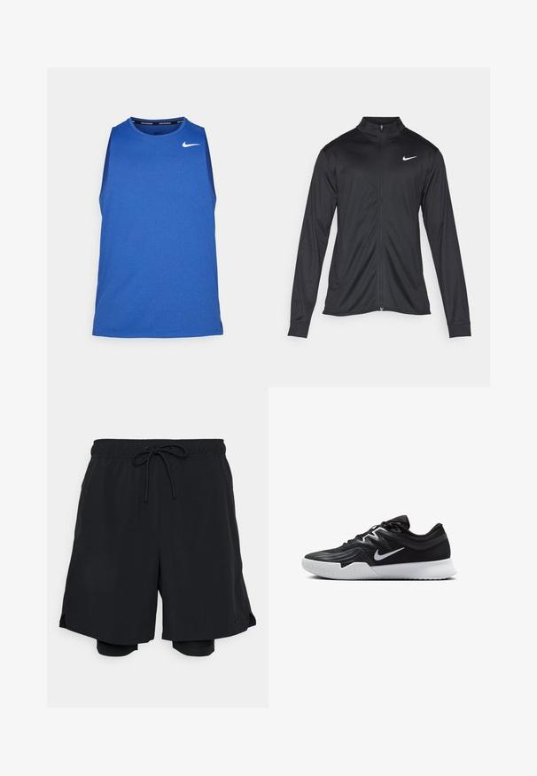 Chaqueta atlética negra con mangas largas, collar y cremallera completa. Presenta un sutil logo de Nike en blanco en la parte superior izquierda del pecho. Textura suave.; Nike Performance MILER TANK - Top - game royal/midnight navy/reflective silver; Pantalones cortos deportivos negros hechos de una tela ligera, con una cinturilla elástica y cordón ajustable, y un short interior ajustado.; Zapatilla deportiva negra con parte superior texturizada, logo de Nike en blanco y suela de goma blanca. Tiene un diseño con cordones y una forma dinámica.