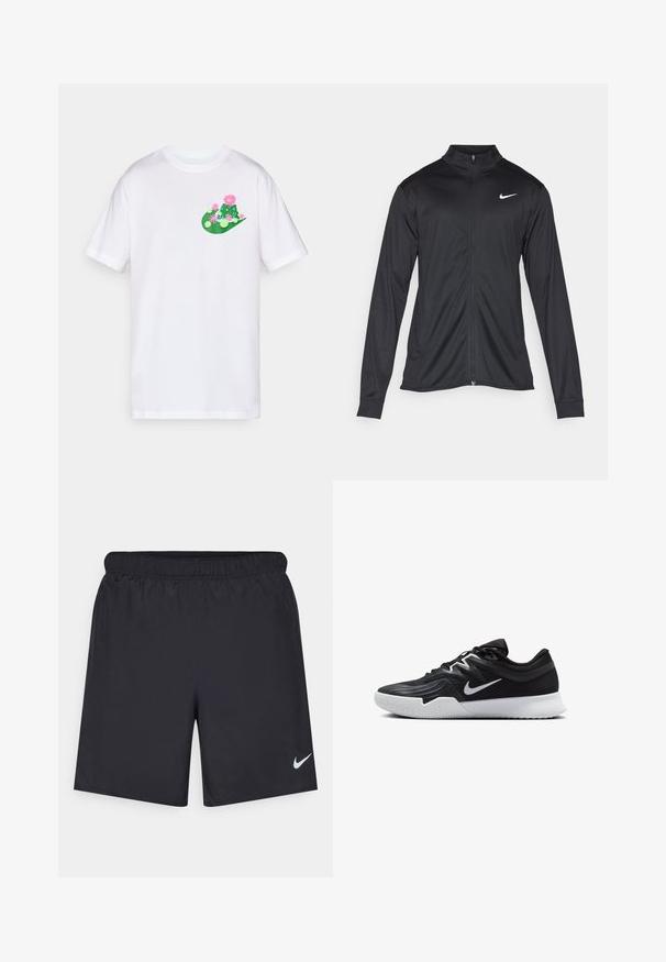 Melna sporta jaka ar garām piedurknēm, apkakli un pilnu rāvējslēdzēju. Uz kreisā krūts augšdaļas ir maigs Nike logo baltā krāsā. Gluda tekstūra.; Balta kokvilnas t-kreklu ar krāsainu grafisku dizainu zaļā un rozā krāsā, kas attēlo kaktusus un ziedus kreisajā krūšu daļā.; Melnas sporta šorti, izgatavoti no viegla materiāla, ar elastīgu jostu. Uz apakšējā kreisā stūra ir neliels balts Nike logo.; Melni sporta apavi ar teksturētu virsu, balto Nike zulumu un balto gumijas zoli. Iezīmējas ar auklu pievilkšanas dizainu un dinamisku formu.