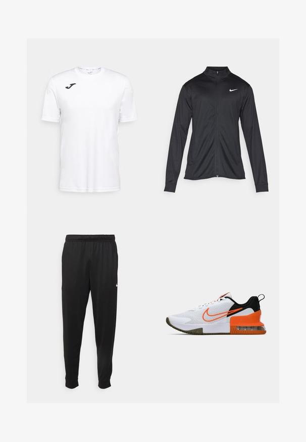 Čierna športová bunda s dlhými rukávmi, golierom a plným zipsom. Obsahuje nenápadné logo Nike v bielej farbe na hornej ľavej hrudi. Hladká textúra.; Biely športový tričko s krátkym rukávom vyrobené z hladkej látky, s čiernym logom na ľavej strane hrude a okrúhlym výstrihom.; Čierne športové nohavice z hladkej tkaniny, s elastickým pásom, zužujúcimi sa nohavicami a malým bielym logom na ľavej strane.; Biele športové topánky s textúrovaným sieťovaným zvrškom, čiernymi a oranžovými akcentmi, hrubou gumovou podrážkou a priesvitnou vzduchovou vankúšikovou časťou na päte.