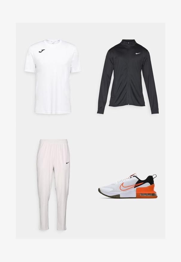 Schwarze Sportjacke mit langen Ärmeln, Kragen und voller Reißverschluss. Verfügt über ein dezentes Nike-Logo in Weiß auf der oberen linken Brust. Glatte Textur.; Weißes sportliches T-Shirt mit kurzen Ärmeln aus glattem Stoff, mit einem schwarzen Logo auf der linken Brust und rundem Halsausschnitt.; Weiße Sporthose mit elastischem Bund. Sie hat eine schmale Passform, eine glatte Textur und ein kleines schwarzes Nike-Logo auf der Vorderseite.; Weißer Sportschuh mit einem strukturierten Mesh-Obermaterial, schwarzen und orangefarbenen Akzenten, einer dicke Gummisohle und einem klaren Luftkissenbereich an der Ferse.