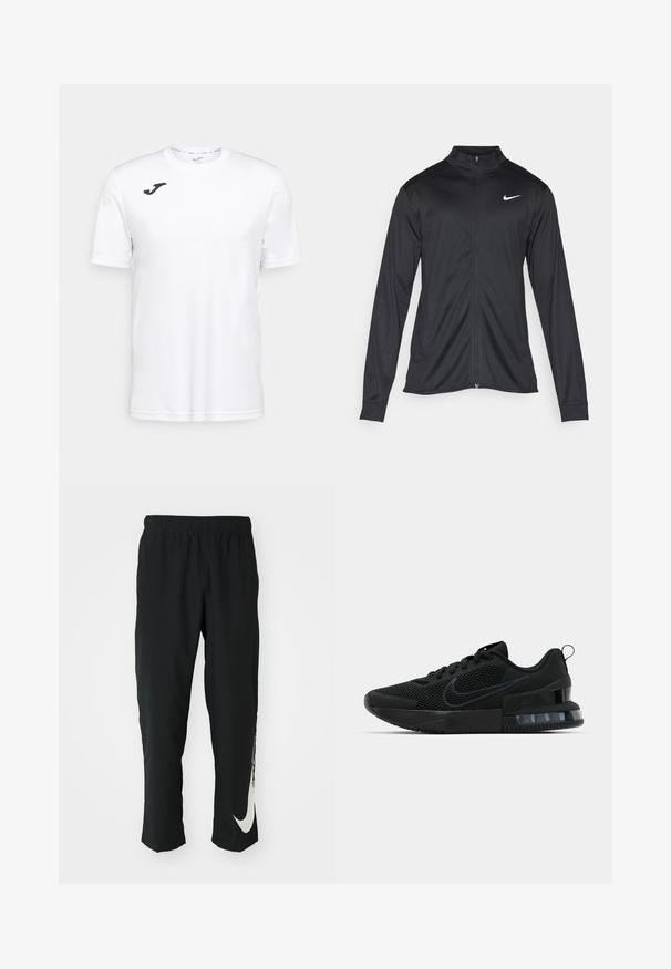 Black athletic jacket with long sleeves, collar, and full zipper. Features a subtle Nike logo in white on the upper left chest. Smooth texture.; White short-sleeve athletic shirt made of smooth fabric, featuring a black logo on the left chest and a crew neckline.; Black athletic pants with elastic waistband, tapering design, featuring a large white Nike logo on the left leg. Soft, lightweight fabric.; Black Nike athletic shoe featuring a mesh upper, rubber sole, padded collar, and a distinct transparent heel accent.