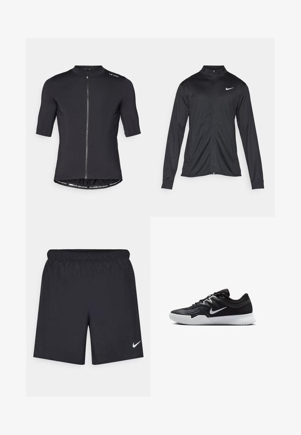Must värvi sportlik jakk pikkade varrukatega, krae ja täispikk tõmblukk. Ülemises vasakus rinnas on diskreetne valge Nike logo. Sile tekstuur.; Must tsüklit-särk lühikeste varrukatega, kõrge kaelusega, ees lukuga ja kontrastsete vöödiga detailidega, millel on kiri "SÕIDA KIIRUSKI ENAM. SÕIDA KAUEM."; Mustad mustikud lühikesed püksid, mis on valmistatud kergest materjalist ja millel on elastne vöökoht. Alumisel vasakul küljel on väike valge Nike logo.; Must mustad jalanikesad rikaste ülaservaga, valge Nike swoosh'i ja valge kummist välispõhjaga. Omab paeltega sulgemisdetaili ja dünaamilist kuju.