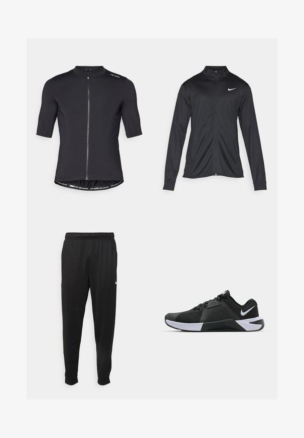 Jacket desportivo preto com mangas longas, colarinho e fecho zip completo. Apresenta um discreto logotipo da Nike em branco na parte superior do lado esquerdo do peito. Textura suave.; Camisola de ciclismo preta de manga curta com colarinho alto, fecho frontal e detalhes contrastantes na cinta que dizem "PEDALE MAIS RÁPIDO. PEDALE MAIS LONGE."; Calças de desporto pretas feitas de tecido suave, com uma cintura elástica, pernas ajustadas e um pequeno logo branco no lado esquerdo.; Nike Performance METCON 10 - Sapatilha de treino - black/white/anthracite