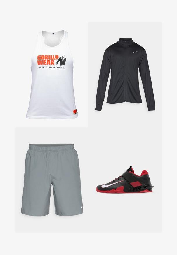 Črna atletska jakna z dolgimi rokavi, ovratnikom in polnim zadrgo. Vključuje diskreten bel Nike logotip na zgornjem levem delu prsnega koša. Gladka tekstura.; Bela majica bez rukavov, na kateri je v bold pisanju oranžne barve napis "GORILLA WEAR", črna grafika gorile in pod njo v manjšem tisku "ZDA".; Sivi atletski šortsi z elastičnim pasom, stranskimi žepi in majhnim belim logotipom na spodnjem desnem delu. Gladka tekstura.; Črne in rdeče atletske teniske z elegantnim dizajnom, teksturiranim mrežastim zgornjim delom, trdnim gumijastim podplatom in izpostavljenim belim logotipom.