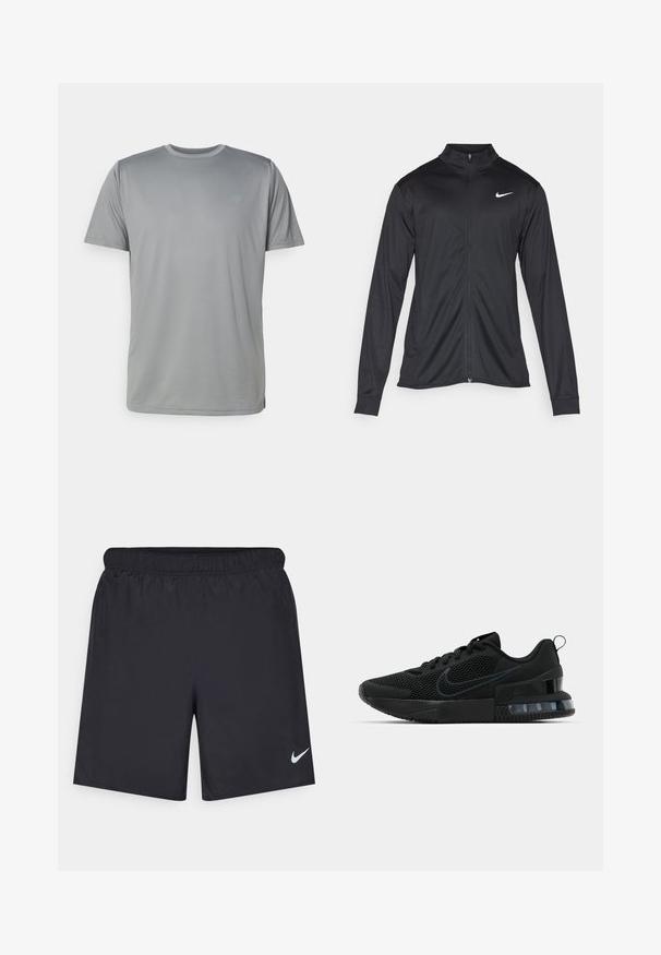 Jachetă sportivă neagră cu mâneci lungi, guler și fermoar complet. Prezintă un logo Nike subtil, alb, pe pieptul din stânga sus. Textură netedă.; New Balance Bluză sport - slate grey; Pantaloni scurți atletici negri, fabricați dintr-un material ușor, cu un talie elastică. Au un mic logo alb Nike în partea stângă jos.; Pantofii atletici negri Nike au un superior din plasă, talpă din cauciuc, guler căptușit și un accent distinct transparent în călcâi.