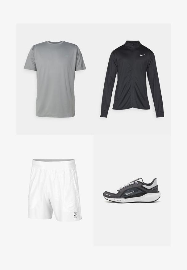 Crna sportska jakna s dugim rukavima, ovratnikom i punim patentnim zatvaračem. Ima suptilan Nike logo u bijeloj boji na gornjem lijevom dijelu prsne oznake. Glatka tekstura.; New Balance Sportska majica - slate grey; Bijele atletske kratke hlače izrađene od lagane tkanine s elastičnim pojasom, koje imaju dva bočna džepa i mali crni logo na rubu.; Crne i sive atletske cipele s mrežastim gornjim dijelom, reflektirajućim detaljima i bijelim među-djelom. Imaju strukturiranu gumenu potplate i vezice.