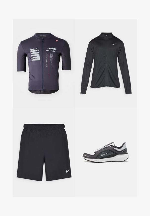 Čierna športová bunda s dlhými rukávmi, golierom a plným zipsom. Obsahuje nenápadné logo Nike v bielej farbe na hornej ľavej hrudi. Hladká textúra.; Cyklistický dres s krátkym rukávom v tmavomodrej farbe, s predným zipsom, textúrovanou tkaninou, reflexnými dizajnovými prvkami a brandingovými detailmi.; Čierne atletické šortky z ľahkého materiálu s elastickým pásom. Na dolnej ľavej strane majú malé biele logo Nike.; Čierna a sivá športová obuv s vrchnou časťou z priedušného materiálu, reflexné akcenty a biely medzipodrážka. Obsahuje štruktúrovanú gumovú podrážku a šnúrky.