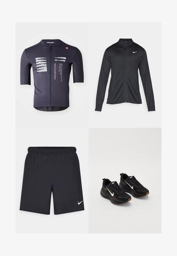 Crna sportska jakna s dugim rukavima, ovratnikom i punim patentnim zatvaračem. Ima suptilan Nike logo u bijeloj boji na gornjem lijevom dijelu prsne oznake. Glatka tekstura.; Dres za ciklistiku s kratkim rukavima u tamnoplavoj boji, s prednjim patentnim zatvaračem, teksturiranom tkaninom, reflektirajućim dizajnerskim elementima i pozadinom s brendiranjem.; Crne atletske kratke hlače od laganog materijala s elastičnom tačkom. Imaju mali bijeli Nike logo na donjoj lijevoj strani.; Crne atletske tenisice s prozračnom mrežastom gornjom površinom, bijelim Nike potpisom, teksturiranim potplatom i kontrastnim smešnim detaljima. Imaju ojačan petni deo.