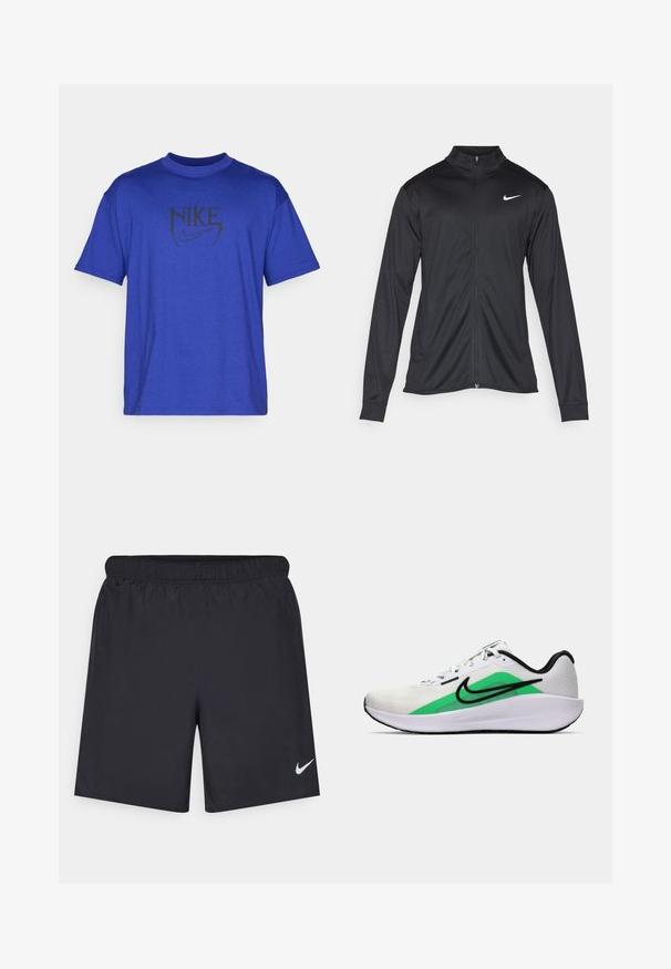 Črna atletska jakna z dolgimi rokavi, ovratnikom in polnim zadrgo. Vključuje diskreten bel Nike logotip na zgornjem levem delu prsnega koša. Gladka tekstura.; Modra bombažna majica s črnimi grafičnimi potiski logotipa "NIKE", ki je centriran na prsih, s krožnim izrezom in kratkimi rokavi.; Črne atletske kratke hlače iz lahkotnega materiala z elastičnim pasom. Imajo majhen bel Nike logo na spodnji levi strani.; Bela športna čevlja z zelenim poudarkom, črnim logotipom, mrežastim zgornjim delom, oblazinjenim podplatom in zaobljenim peto. Ima vezalke in kontrastne detajle.