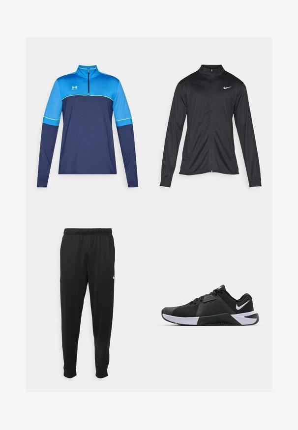 Crna sportska jakna s dugim rukavima, ovratnikom i punim patentnim zatvaračem. Ima suptilan Nike logo u bijeloj boji na gornjem lijevom dijelu prsne oznake. Glatka tekstura.; Majica dugih rukava za sport s poluzipom. Plavi i tamnoplavi blokovi boja s zelenim naglascima. Glatka tkanina, atletski kroj. Prikazan logotip Under Armour.; Crne atletske hlače od glatkog materijala, s elastičnom pasicom, sužavajućim nogavicama i malim bijelim logom na lijevoj strani.; Nike Performance METCON 10 - Tenisice za trening - black/white/anthracite