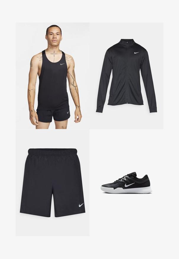 Črna atletska jakna z dolgimi rokavi, ovratnikom in polnim zadrgo. Vključuje diskreten bel Nike logotip na zgornjem levem delu prsnega koša. Gladka tekstura.; Črni atletski top s krožnim izrezom in Nike logotipom. Ima lahko, zračna tkanina in kontrastne sive dodatke.; Črne atletske kratke hlače iz lahkotnega materiala z elastičnim pasom. Imajo majhen bel Nike logo na spodnji levi strani.; Črne atletske čevlje z teksturirano zgornjico, belim Nike znakom in belim gumijastim zunanjim podplatom. Imajo vezalni dizajn in dinamično obliko.