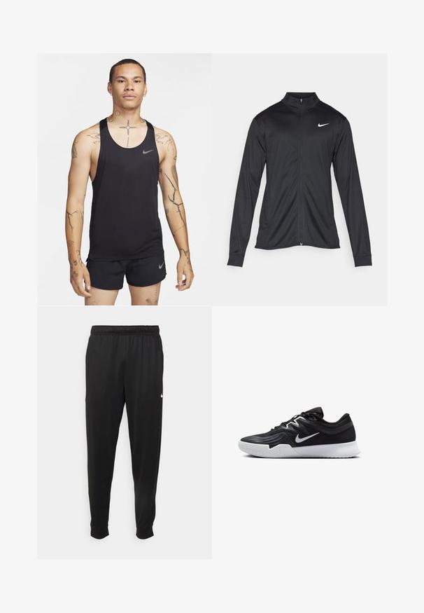 Veste de sport noire à manches longues, avec col et fermeture éclair intégrale. Présente un logo Nike subtil en blanc sur le côté supérieur gauche de la poitrine. Texture lisse.; Débardeur de sport noir avec un décolleté arrondi et le logo Nike. Fabriqué dans un tissu léger et respirant avec des accents gris contrastants.; Pantalon de sport noir en tissu lisse, avec une taille élastique, des jambes fuselées et un petit logo blanc sur le côté gauche.; Chaussure de sport noire avec une tige texturée, un swoosh blanc de Nike et une semelle extérieure en caoutchouc blanc. Elle présente un design à lacets et une forme dynamique.