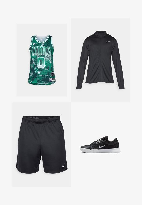 Schwarze Sportjacke mit langen Ärmeln, Kragen und voller Reißverschluss. Verfügt über ein dezentes Nike-Logo in Weiß auf der oberen linken Brust. Glatte Textur.; Grünes Basketball-Trikot mit dem Text "CELTICS" und der Nummer "0" in Weiß. Aus strukturiertem Stoff mit geometrischem Muster. Enthält ein NBA-Logo-Patch.; Schwarze Nike-Shorts mit elastischem Bund, seitlichen Schlitzen und einem weißen Nike-Logo am unteren Saum. Hergestellt aus leichtem, strukturiertem Material.; Schwarzer Sportschuh mit strukturiertem Obermaterial, weißem Nike-Warenzeichen und einer weißen Gummisohle. Verfügt über ein Schnürdesign und eine dynamische Form.