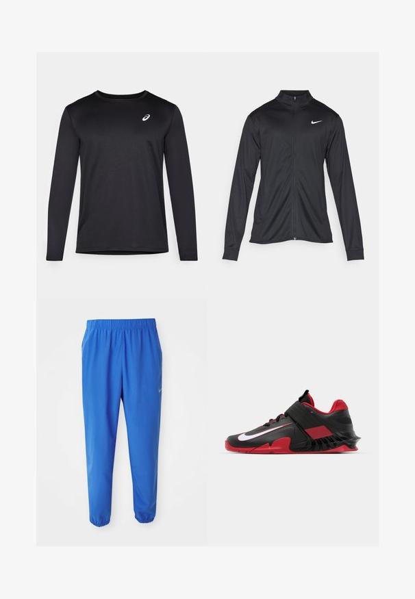 Giacca sportiva nera con maniche lunghe, colletto e zip completa. Presenta un logo Nike in bianco sulla parte superiore del lato sinistro del petto. Tessuto morbido.; Maglietta sportiva nera a maniche lunghe realizzata in tessuto testurizzato, con scollatura tonda e un piccolo logo sul petto.; Pantaloni sportivi blu con cintura elastica, design a gamba dritta e polsini affusolati. Presenta il logo Nike in oro sul lato sinistro.; Sneakers atletici neri e rossi caratterizzati da un design elegante, tomaia in mesh testurizzato, suola in gomma resistente e un accento bianco del logo ben visibile.