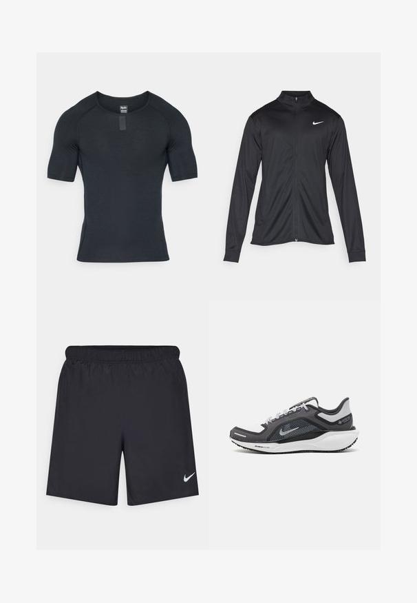 Chaqueta atlética negra con mangas largas, collar y cremallera completa. Presenta un sutil logo de Nike en blanco en la parte superior izquierda del pecho. Textura suave.; Camiseta atlética negra de manga corta con cuello redondo, hecha de un tejido suave y ligero. Presenta sutiles detalles de costura y una etiqueta en el cuello.; Pantalones cortos deportivos negros hechos de un material ligero con una cintura elástica. Presenta un pequeño logo blanco de Nike en la parte inferior izquierda.; Zapatilla deportiva negro y gris con parte superior de malla, acentos reflectantes y una entresuela blanca. Presenta una suela de goma texturizada y cordones.