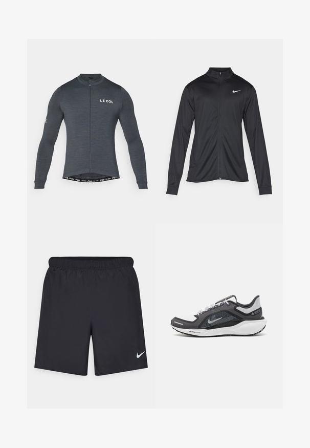 Czarna sportowa kurtka z długimi rękawami, kołnierzem i pełnym zamkiem. Posiada subtelne logo Nike w białym kolorze na lewej górnej części klatki piersiowej. Gładka tekstura.; Długi rękaw, rowerowa koszulka z ciemnoszarego materiału, z zamkiem błyskawicznym z przodu oraz białym logo "LE COL" na klatce piersiowej i rękawie. Elastyczny, dopasowany krój.; Czarne spodenki sportowe wykonane z lekkiego materiału, z elastycznym pasem. Posiadają małe białe logo Nike na dolnej lewej stronie.; Czarne i szare buty sportowe z siateczkową cholewką, odblaskowymi akcentami i białą podeszwą środkową. Posiadają teksturowaną gumową podeszwę i sznurowadła.