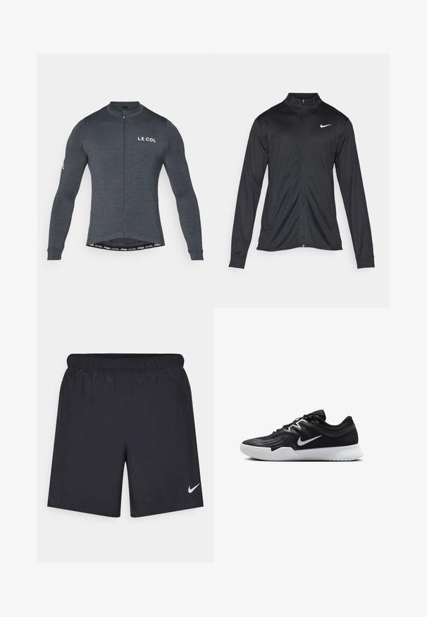 Juodas sportinis švarkas su ilgomis rankovėmis, apykakle ir pilnu užtrauktuku. Yra subtilus baltas Nike logotipas kairėje krūtinės pusėje. Lygus tekstūra.; Tamsiai pilkas ilgomis rankovėmis dviratininko džersis, su priekiniu užtrauktuku ir baltu "LE COL" logotipu ant krūtinės bei rankovės. Elastingas, prigludęs dizainas.; Juodos sportinės šortai, pagaminti iš lengvos medžiagos, su elastingu juosmeniu. Ant apatinės kairės pusės yra mažas baltas Nike logotipas.; Juodos sportinės bateliai su tekstūruota viršutine dalimi, balta Nike swoosh ir balta gumine išorine dalimi. Yra su raištelių užsegimo dizainu ir dinamine forma.