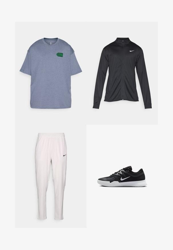 Must värvi sportlik jakk pikkade varrukatega, krae ja täispikk tõmblukk. Ülemises vasakus rinnas on diskreetne valge Nike logo. Sile tekstuur.; Hallitusmessing väikeste varrukatega T-särk, mis on valmistatud pehmest kangast, rohelise korvpalli graafikaga, millel on vasakul rinnaosal number "96". Laisk sobivuse disain.; Valged spordipüksid elastse vöökohtaga. Omavad kitsast lõiget, sileda tekstuuri ja väikest musta Nike logo ees.; Must mustad jalanikesad rikaste ülaservaga, valge Nike swoosh'i ja valge kummist välispõhjaga. Omab paeltega sulgemisdetaili ja dünaamilist kuju.
