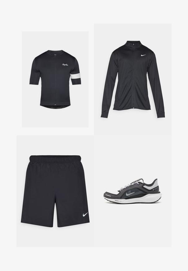 Črna atletska jakna z dolgimi rokavi, ovratnikom in polnim zadrgo. Vključuje diskreten bel Nike logotip na zgornjem levem delu prsnega koša. Gladka tekstura.; Črni kolesarski dres s kratkimi rokavi, z dolgim zadrgo in belim trakom na levem ramenu. Gladka tekstura tkanine, prilegajoča zasnova.; Črne atletske kratke hlače iz lahkotnega materiala z elastičnim pasom. Imajo majhen bel Nike logo na spodnji levi strani.; Črne in sive atletske čevlje z mrežasto zgornjim delom, odsevnimi detajli in belim srednjim podplatom. Imajo strukturiran gumijast podplat in vezalke.
