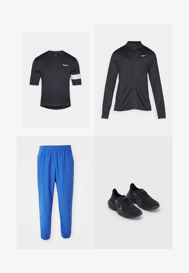 Jachetă sportivă neagră cu mâneci lungi, guler și fermoar complet. Prezintă un logo Nike subtil, alb, pe pieptul din stânga sus. Textură netedă.; Tricou de ciclism negru cu mâneci scurte, fermoar pe toată lungimea și o dungă albă pe brațul stâng. Textură de material neted, design ajustat.; Pantaloni sportivi blue cu talie elastică, design cu picior drept și manșete înguste. Prezintă logo-ul Nike în auriu pe partea stângă.; Tenisi negri slip-on cu un superior texturat și talpă din cauciuc. Au un accent circular gri și o bandă elastică pe partea instep-ului pentru o potrivire confortabilă.