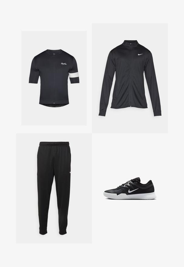 Čierna športová bunda s dlhými rukávmi, golierom a plným zipsom. Obsahuje nenápadné logo Nike v bielej farbe na hornej ľavej hrudi. Hladká textúra.; Čierny cyklistický dres s krátkymi rukávmi, celoplošným zipsom a bielym prúžkom na ľavom ramene. Hladká textúra materiálu, priliehavý strih.; Čierne športové nohavice z hladkej tkaniny, s elastickým pásom, zužujúcimi sa nohavicami a malým bielym logom na ľavej strane.; Čierna športová topánka s textúrovaným zvrškom, bielym logom Nike a bielou gumovou podrážkou. Má šnurovací dizajn a dynamický tvar.
