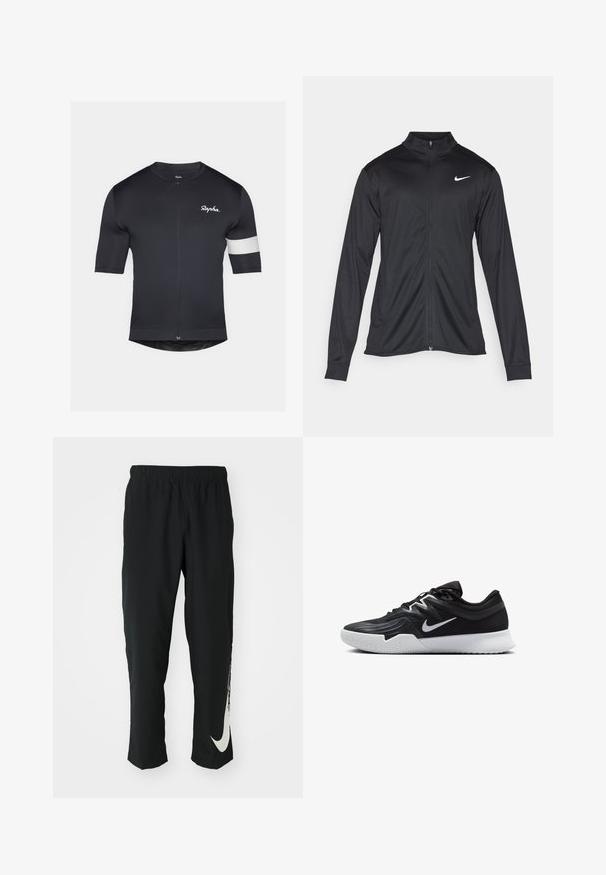 Veste de sport noire à manches longues, avec col et fermeture éclair intégrale. Présente un logo Nike subtil en blanc sur le côté supérieur gauche de la poitrine. Texture lisse.; Maillot de cyclisme noir à manches courtes, avec une fermeture éclair pleine longueur et une bande blanche sur le bras gauche. Texture de tissu lisse, design ajusté.; Pantalons de sport noirs avec une ceinture élastique, design fuselé, dotés d'un grand logo Nike blanc sur la jambe gauche. Tissu doux et léger.; Chaussure de sport noire avec une tige texturée, un swoosh blanc de Nike et une semelle extérieure en caoutchouc blanc. Elle présente un design à lacets et une forme dynamique.