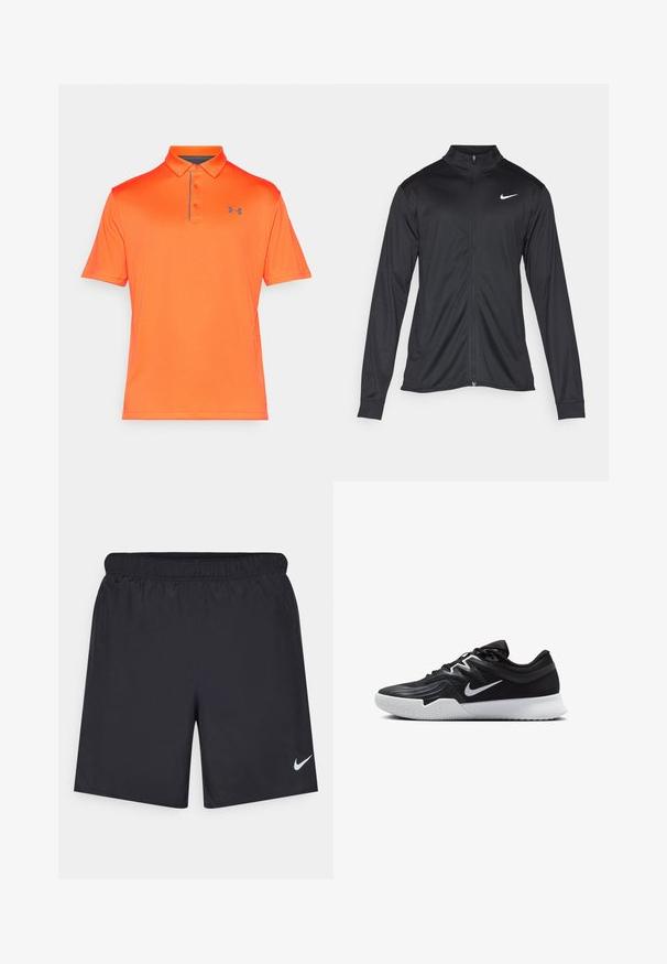 Čierna športová bunda s dlhými rukávmi, golierom a plným zipsom. Obsahuje nenápadné logo Nike v bielej farbe na hornej ľavej hrudi. Hladká textúra.; Oranžová polo košeľa s krátkymi rukávmi, golierom a zapínaním na tri gombíky. Má jemnú textúru a malé šedé logo na hrudi.; Čierne atletické šortky z ľahkého materiálu s elastickým pásom. Na dolnej ľavej strane majú malé biele logo Nike.; Čierna športová topánka s textúrovaným zvrškom, bielym logom Nike a bielou gumovou podrážkou. Má šnurovací dizajn a dynamický tvar.