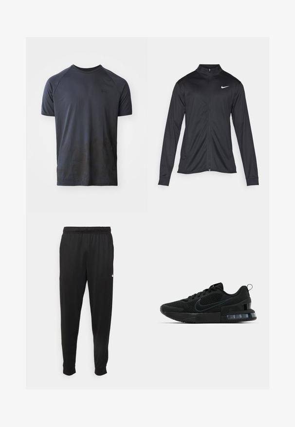 Svart idrettsjakke med lange ermer, krage og full glidelås. Har en subtil Nike-logo i hvitt på øvre venstre bryst. Glatt tekstur.; Mørk grå trenings T-skjorte, kort erm, glatt tekstur, med et subtilt mønster og merkevarelogo sentrert på øvre bryst.; Svarte treningsbukser laget av glatt stoff, med elastisk midje, smale ben og en liten hvit logo på venstre side.; Svart Nike treningssko med mesh-overdel, gummisåle, polstret krage og en distinkt gjennomsiktig hældetalj.