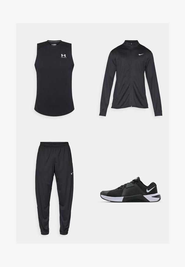 Černá sportovní bunda s dlouhými rukávy, límcem a plným zipem. Má decentní bílou logo značky Nike na horní levé části hrudi. Hladká textura.; Černý bezrukávový sportovní top vyrobený z hladké, elastické látky. Má kulatý výstřih a malé bílé logo na prsou.; Černé sportovní kalhoty s elastickým pasem, zúženými nohavicemi a malým bílým logem Nike na levém stehně. Hladká látka, bez vzorů.; Nike Performance METCON 10 - Sportovní boty - black/white/anthracite