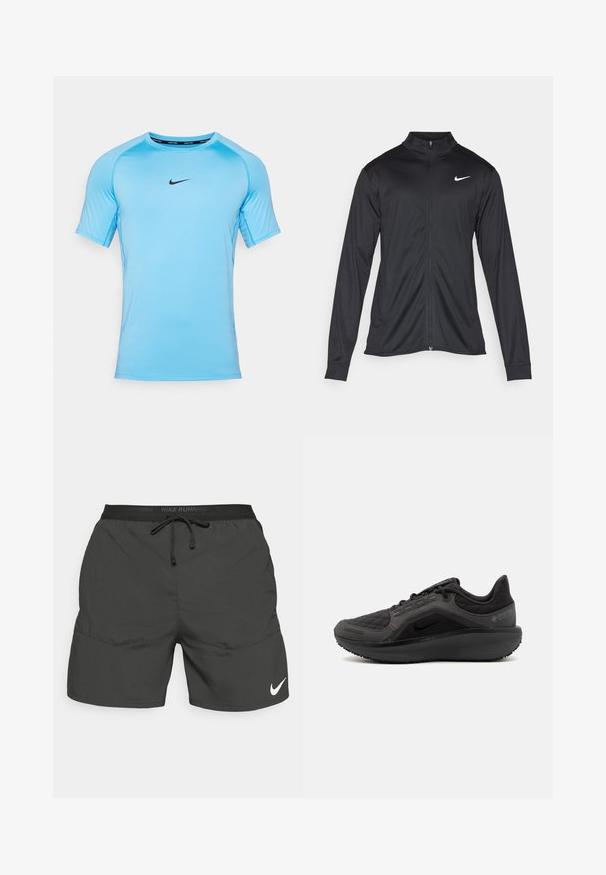 Musta urheilutakki pitkillä hihoilla, kauluksella ja kokonaisella vetoketjulla. Täydentää hienovarainen Nike-logo valkoisena vasemmassa ylärinnassa. Litteä pinta.; Vaaleansininen lyhythihainen urheilupaita, joka on valmistettu hengittävästä kankaasta. Paidassa on musta Nike-logo rinnassa ja pyöreä kaula-aukko.; Mustat juoksushortsit, joissa on joustava vyötärö, nyöri, sivutaskut ja valkoinen Nike-logo vasemmassa alareunassa.; Musta urheilukenkä, jossa on teksturoitu tikattu päällinen, tyylikäs muotoilu ja musta kumipohja. Varustettu näkyvällä logolla ja Gore-Tex -merkillä.