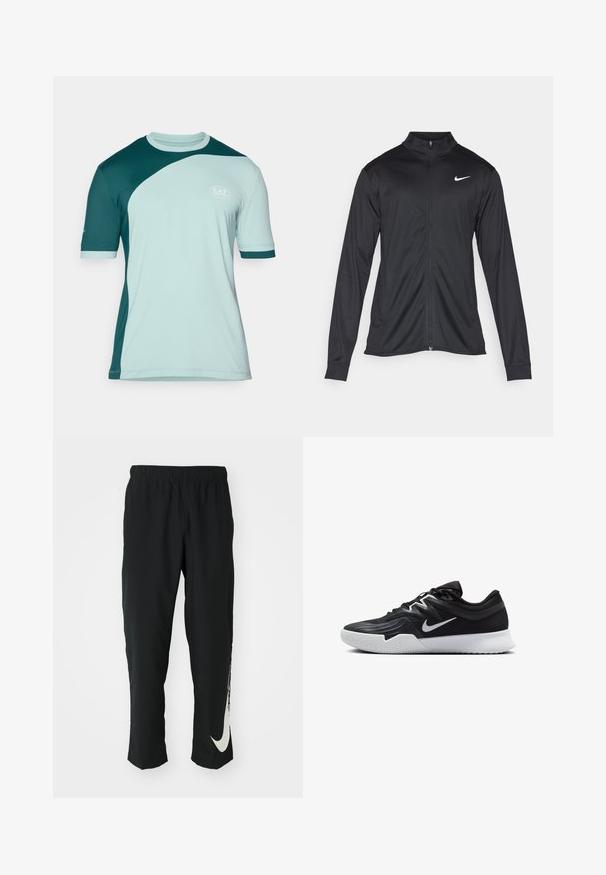 Jacket desportivo preto com mangas longas, colarinho e fecho zip completo. Apresenta um discreto logotipo da Nike em branco na parte superior do lado esquerdo do peito. Textura suave.; Camisa desportiva de manga curta em verde menta claro e verde teal escuro. Apresenta um design em blocos de cor curvados, gola redonda e logo EA7 no peito.; Calças atléticas pretas com cintura elástica, design afunilado, apresentando um grande logótipo branco da Nike na perna esquerda. Tecido macio e leve.; Sapatilha atlética preta com um cabedal texturizado, swoosh branco da Nike e uma sola de borracha branca. Apresenta um design com atacadores e uma forma dinâmica.