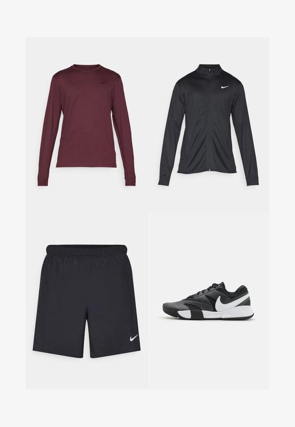 Črna atletska jakna z dolgimi rokavi, ovratnikom in polnim zadrgo. Vključuje diskreten bel Nike logotip na zgornjem levem delu prsnega koša. Gladka tekstura.; Rdeča dolg rokavna majica s krošnjastega ovratnika z majhnim črnim Nike logotipom na levem prsnem delu, prikazana na belem ozadju.; Črne atletske kratke hlače iz lahkotnega materiala z elastičnim pasom. Imajo majhen bel Nike logo na spodnji levi strani.; Črne športne čevlje iz sintetičnih in mrežastih materialov, ki imajo bel Nike logo, teksturirano kapico za prste in gumijast podplat za oprijem.