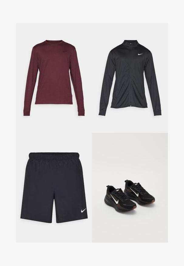 Svart idrettsjakke med lange ermer, krage og full glidelås. Har en subtil Nike-logo i hvitt på øvre venstre bryst. Glatt tekstur.; Langermet maroon genser med rund hals og en liten svart Nike-logo på venstre bryst, vist mot en hvit bakgrunn.; Svart sportskjørt laget av lett materiale med elastisk linning. Har en liten hvit Nike-logo nederst til venstre.; Sorte treningssko med puste mesh-overdel, hvit Nike swoosh, teksturert såle og kontrastfargede brune detaljer. Inkluderer forsterket hæl.