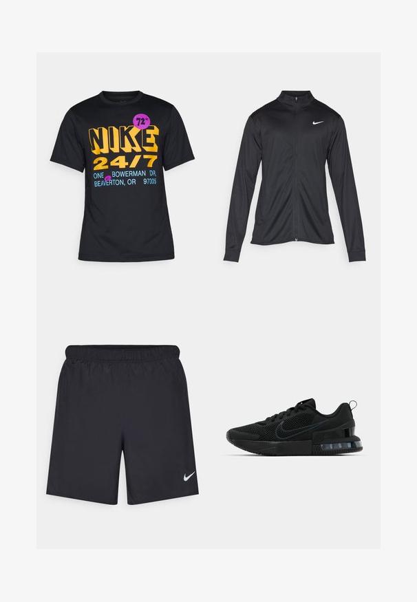 Chaqueta atlética negra con mangas largas, collar y cremallera completa. Presenta un sutil logo de Nike en blanco en la parte superior izquierda del pecho. Textura suave.; Nike Performance HYVERS - Camiseta deportiva - black; Pantalones cortos deportivos negros hechos de un material ligero con una cintura elástica. Presenta un pequeño logo blanco de Nike en la parte inferior izquierda.; Zapatilla deportiva negra de Nike con parte superior de malla, suela de goma, cuello acolchado y un distintivo acento transparente en el talón.