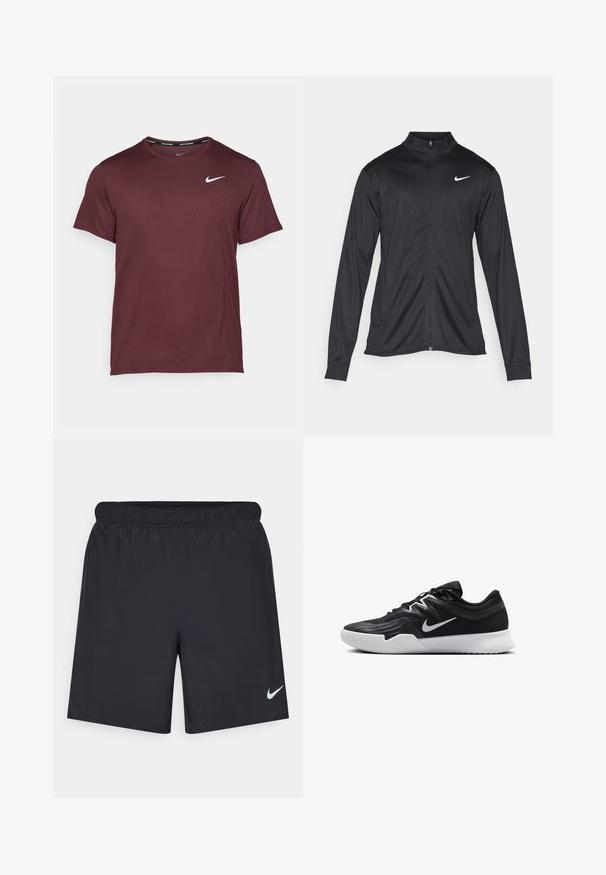 Črna atletska jakna z dolgimi rokavi, ovratnikom in polnim zadrgo. Vključuje diskreten bel Nike logotip na zgornjem levem delu prsnega koša. Gladka tekstura.; Športna majica temno rjave barve iz gladkega blaga z kratkimi rokavi, okroglim izrezom in majhnim belim logotipom Nike na levi strani prsnega koša.; Črne atletske kratke hlače iz lahkotnega materiala z elastičnim pasom. Imajo majhen bel Nike logo na spodnji levi strani.; Črne atletske čevlje z teksturirano zgornjico, belim Nike znakom in belim gumijastim zunanjim podplatom. Imajo vezalni dizajn in dinamično obliko.