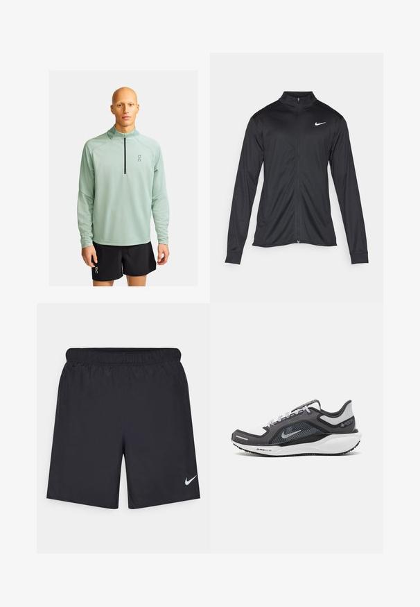 Musta urheilutakki pitkillä hihoilla, kauluksella ja kokonaisella vetoketjulla. Täydentää hienovarainen Nike-logo valkoisena vasemmassa ylärinnassa. Litteä pinta.; On CLIMATE - Pitkähihainen paita - cobble; Mustat urheilushortsit, jotka on valmistettu kevyestä materiaalista ja joissa on joustava vyötärö. Alareunassa vasemmalla puolella on pieni valkoinen Nike-logo.; Musta ja harmaa urheilukenka, jossa on verkkopäällinen, heijastavat yksityiskohdat ja valkoinen välipohja. Varustettu kuvioidulla kumipohjalla ja nauhoilla.
