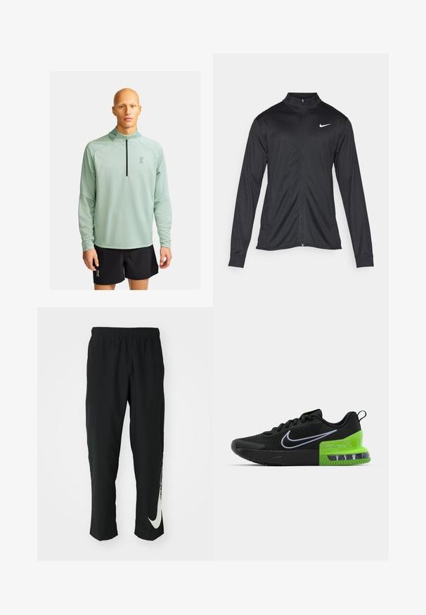 Svart idrottsjacka med långa ärmar, krage och full dragkedja. Har en diskret Nike-logga i vitt på övre vänstra bröstet. Slät yta.; On CLIMATE - Långärmad tröja - cobble; Svarta träningsbyxor med elastisk midja, avsmalnande design, med en stor vit Nike-logotyp på vänster ben. Mjuk, lättviktig tyg.; Svart träningsskor med mesh-överdel, med en grön och svart sula med luftdämpning, och en vit Nike swoosh-logotyp.