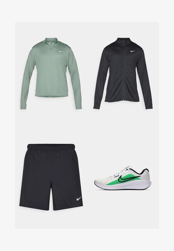 Schwarze Sportjacke mit langen Ärmeln, Kragen und voller Reißverschluss. Verfügt über ein dezentes Nike-Logo in Weiß auf der oberen linken Brust. Glatte Textur.; Hellgrüner Langarm-Quarter-Zip-Pullover aus dehnbarem Material; mit einem kleinen weißen Nike-Logo auf der Brust.; Schwarze sportliche Shorts aus leichtem Material mit einem elastischen Bund. Auf der unteren linken Seite befindet sich ein kleines weißes Nike-Logo.; Weißer Sportschuh mit grünem Akzent, schwarzem Logo, oberer Schicht aus Netzmaterial, gepolsterter Sohle und abgerundetem Absatz. Verfügt über Schnürsenkel und kontrastierende Details.